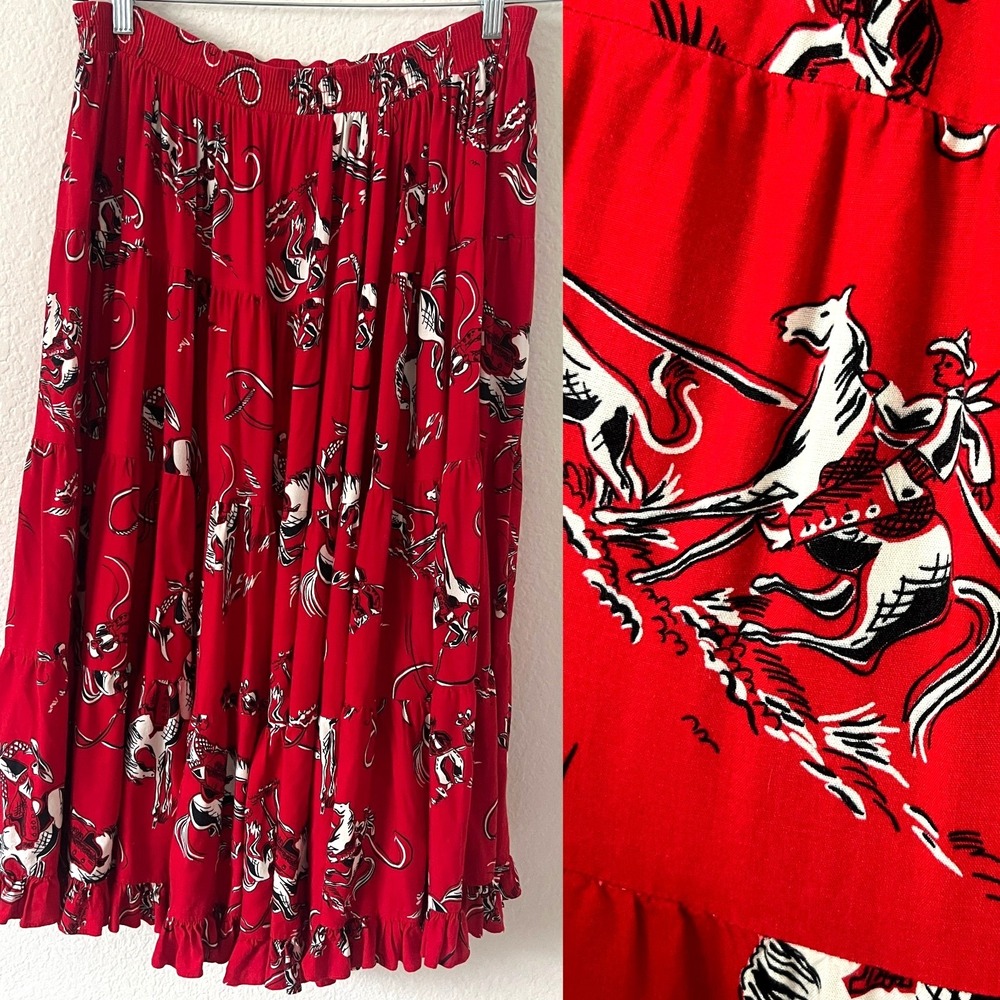 Vintage Sz M | L Tiered Equestrian Red Skirt Horse Western Pull On Full Swing